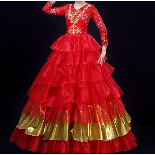 Red with gold flamenco dresses for girls opening dance bull dance spanish folk dance stage performance big skirted ballroom dress